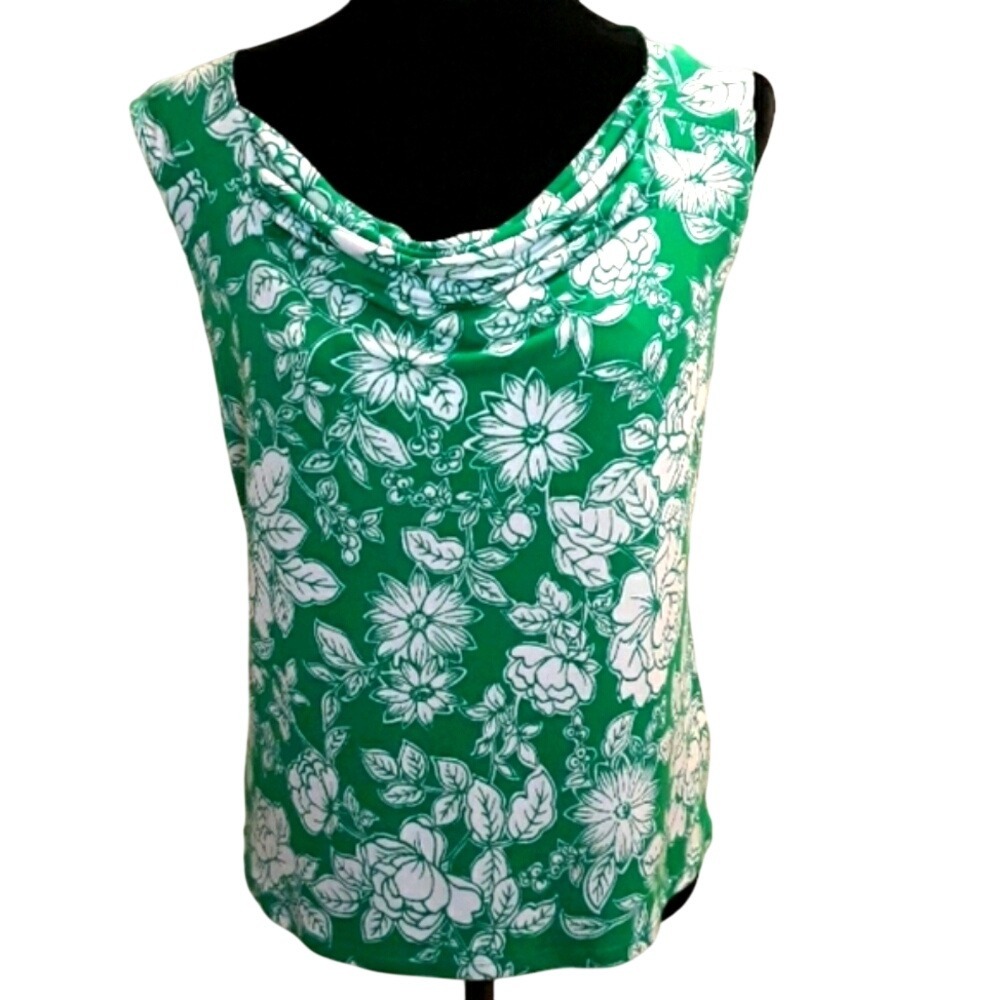 George‎ Floral Cowl Neck Sleeveless Shell Top Green White Small S 4/6